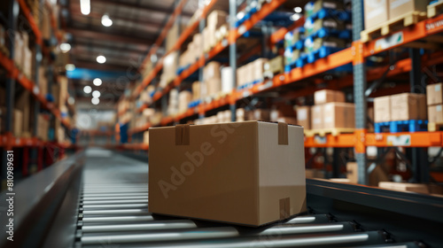 A cardboard box on the conveyor belt in warehouse,