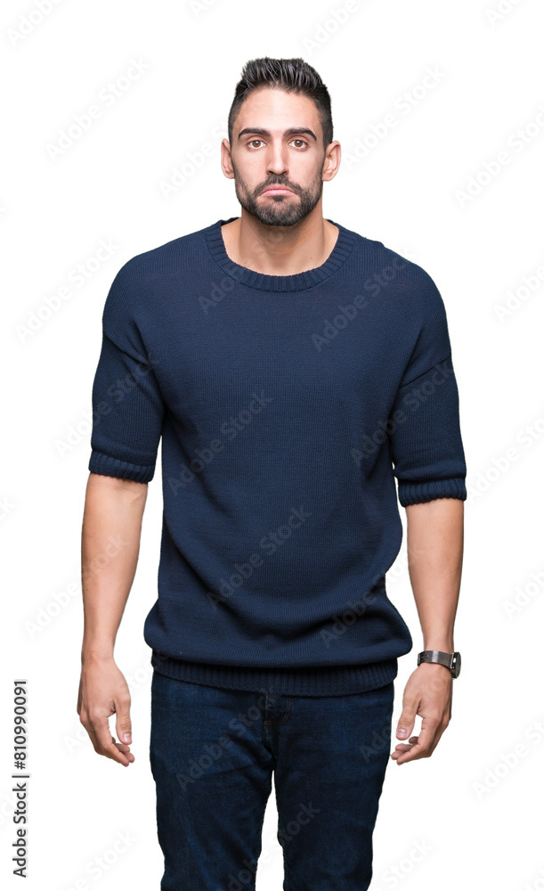 Young handsome man wearing sweater over isolated background depressed and worry for distress, crying angry and afraid. Sad expression. Young handsome man wearing sweater over isolated background depressed and worry for distress, crying angry and afraid. Sad expression.