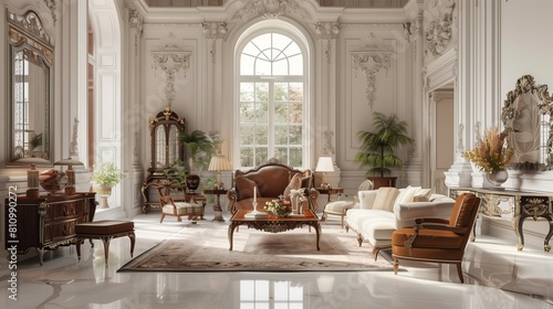 A stately living room adorned with traditional furnishings and ornate wall decor, lit beautifully by a grand window. photo