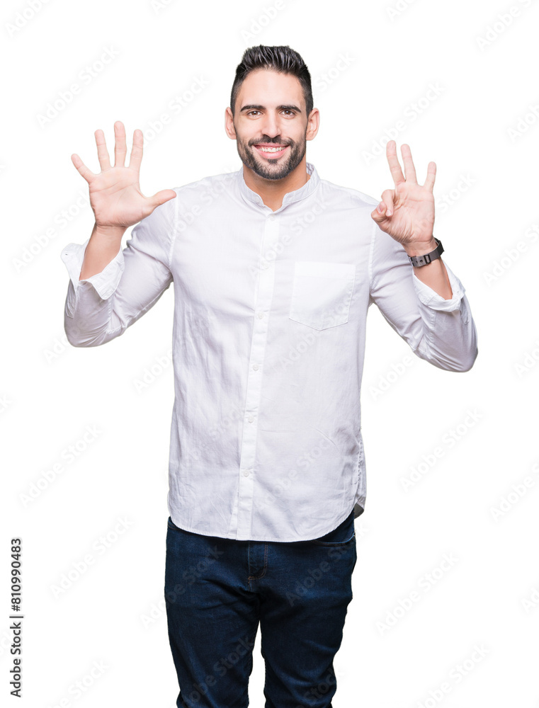 Young business man over isolated background showing and pointing up with fingers number eight while smiling confident and happy. Young business man over isolated background showing and pointing up with fingers number eight while smiling confident and happy.