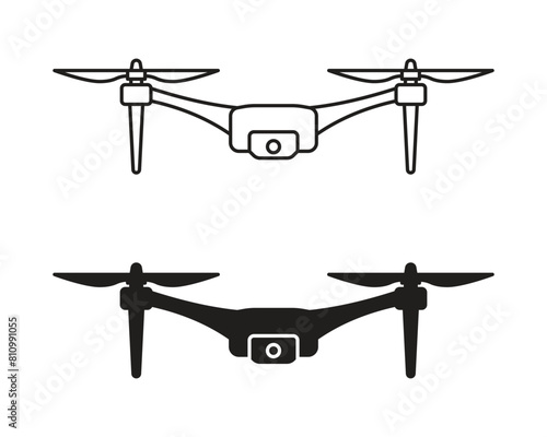 Unmanned quadcopter, drone with camera, logo, icon, isolated on white background.