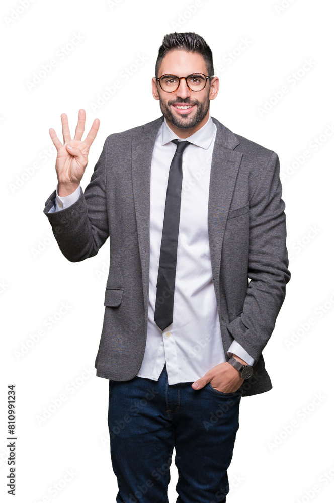 Young handsome business man over isolated background showing and pointing up with fingers number four while smiling confident and happy. Young handsome business man over isolated background showing and pointing up with fingers number four while smiling confident and happy.