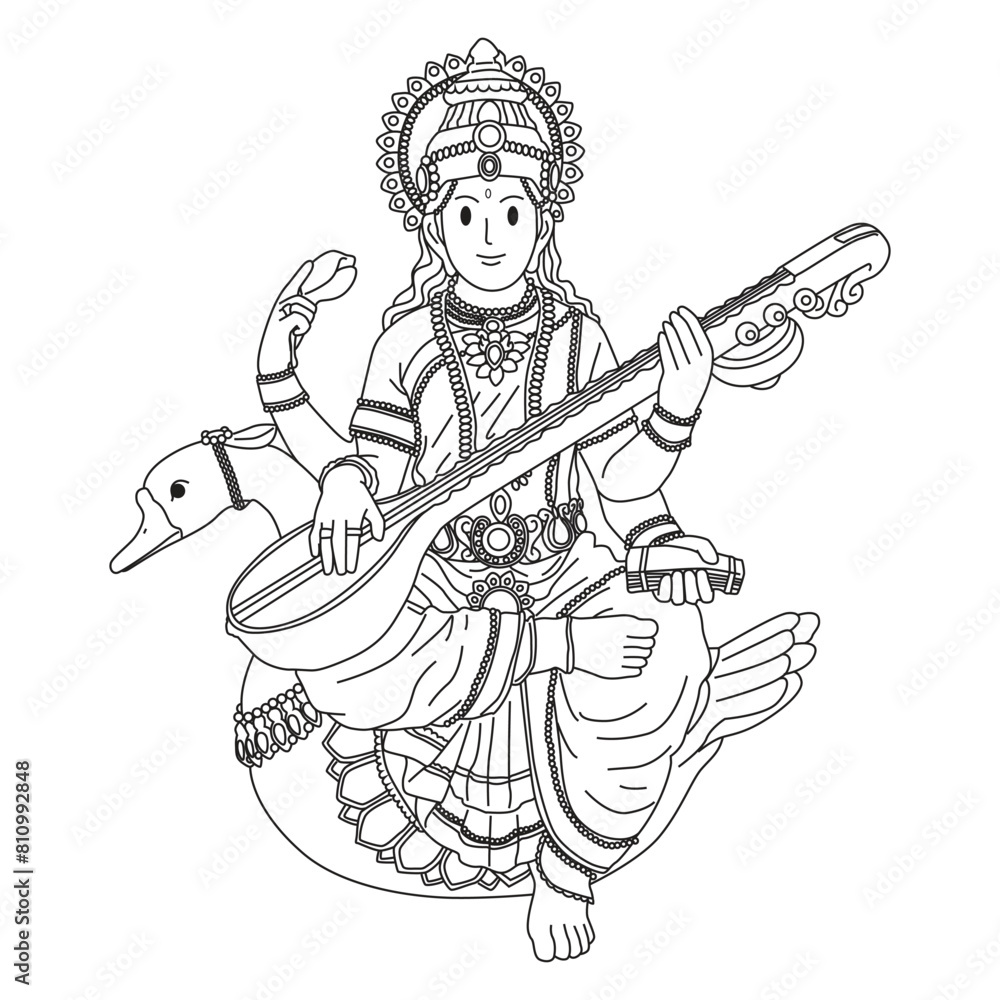 Fototapeta premium sarasvati Hindu goddess of knowledge cartoon illustration