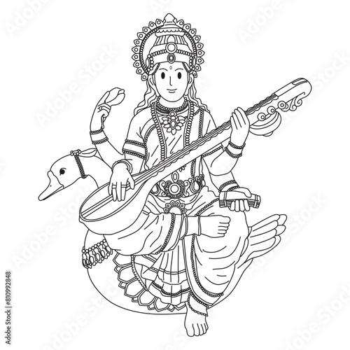 sarasvati Hindu goddess of knowledge cartoon illustration