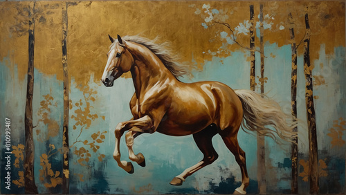 Modern painting, abstract, metal elements, texture background, animals, horses,