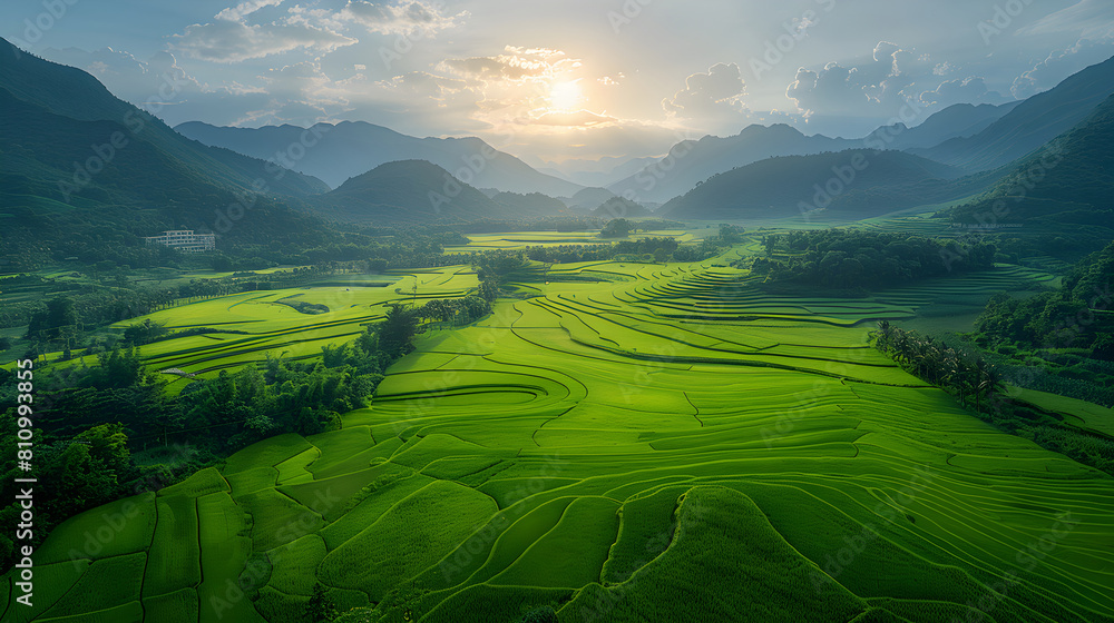 Fototapeta premium Green organic field with mountains in background