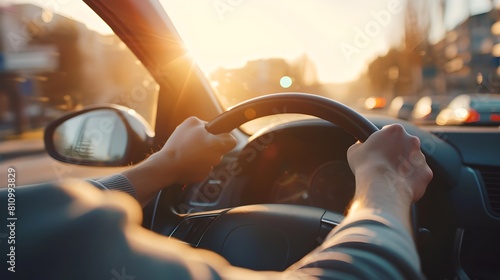 Wallpaper Mural Driver's perspective on a sunny day, hands on steering wheel. Driving in city during golden hour. Everyday commute captured in a realistic style. AI Torontodigital.ca