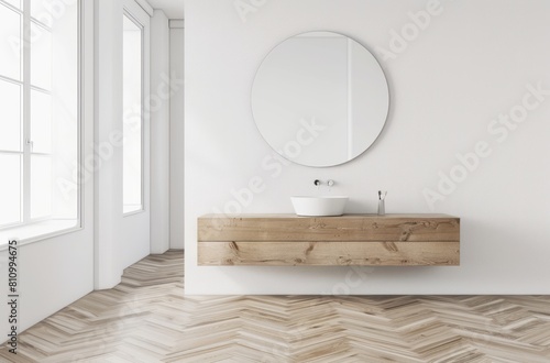 Minimalist wastafel with a wall mirror and floating wooden vanity, with a simple design and light wood color photo