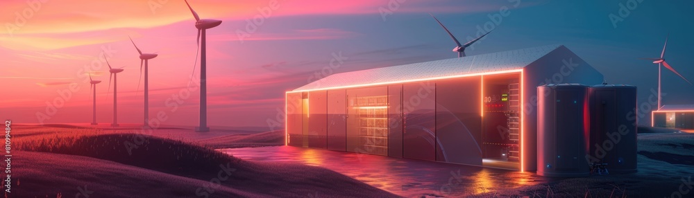 Landscape showing a battery storage system and wind turbines illuminated by moody, ambient light Landscape showing a battery storage system and wind turbines illuminated by moody, ambient light