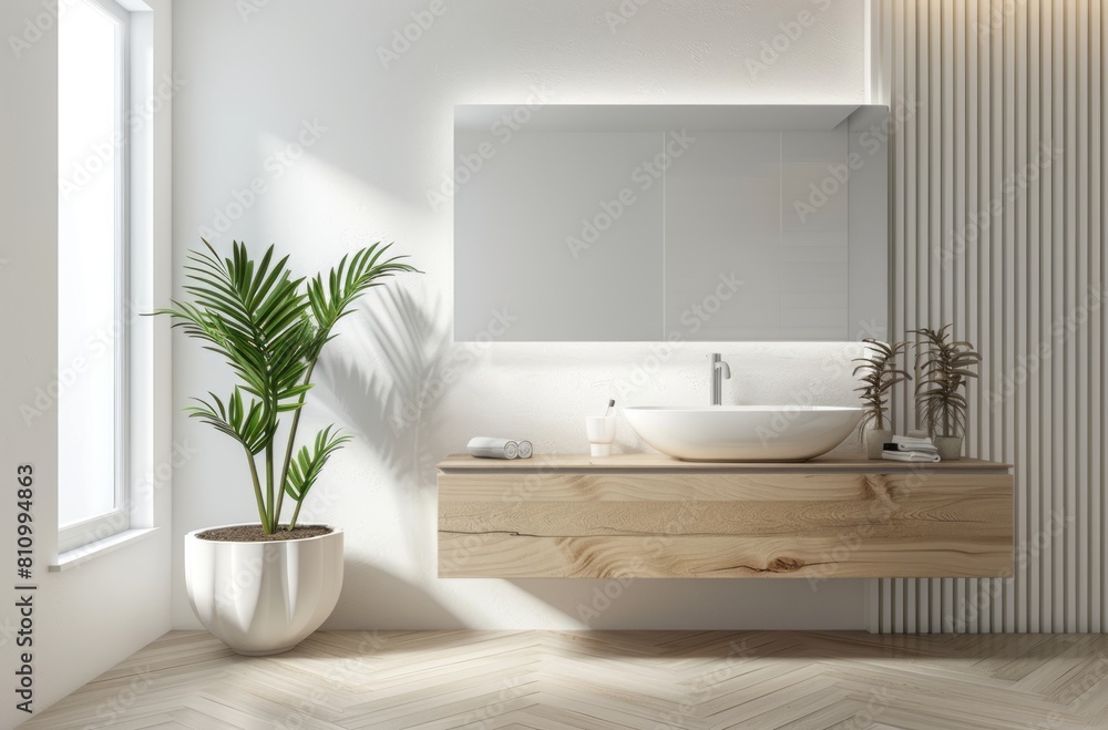 Minimalist wastafel with a wall mirror and floating wooden vanity, with a simple design and light wood color Minimalist wastafel with a wall mirror and floating wooden vanity, with a simple design and light wood color