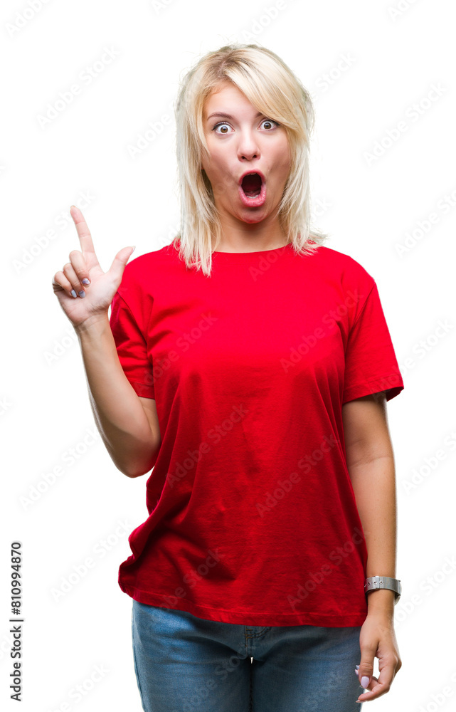 Young beautiful blonde woman wearing red t-shirt over isolated background pointing finger up with successful idea. Exited and happy. Number one. Young beautiful blonde woman wearing red t-shirt over isolated background pointing finger up with successful idea. Exited and happy. Number one.