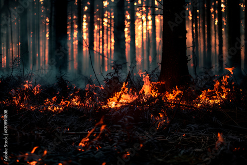 Big forest on fire with huge flames.