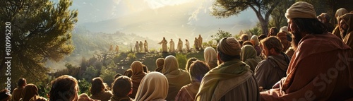Jesus speaking truths from a mount, his followers listening intently in a lush, 3D environment photo