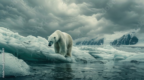 The impact of climate change and rising global temperatures concept background with a polar bear stranded on a melting iceberg © eireenz