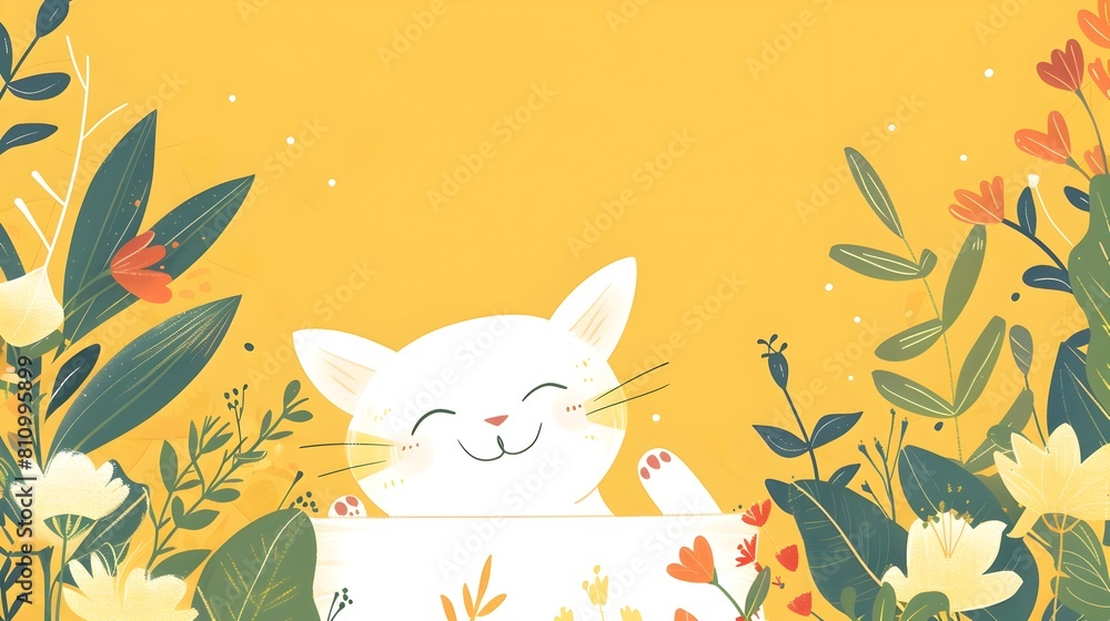 Adorable White Cat Napping Peacefully Amidst Vibrant Spring Flowers and Foliage Adorable White Cat Napping Peacefully Amidst Vibrant Spring Flowers and Foliage