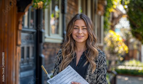 caucasian woman  as a real estate agent, American realtor woman with contract to sign in front of home property, buying / leasing a new house/ home