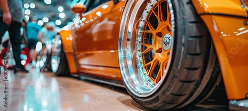 Detailed close ups of car wheels and rims highlighting intricate designs and glossy finishes