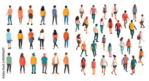 An illustration of the top view of a group of people. There are male and female characters shown from above, walking and standing.