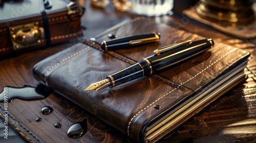 Luxurious Workspace: A staged photo of a fountain pen placed on a luxurious desk with leather accessories, a leather-bound journal, and a few scattered ink droplets. Generative AI