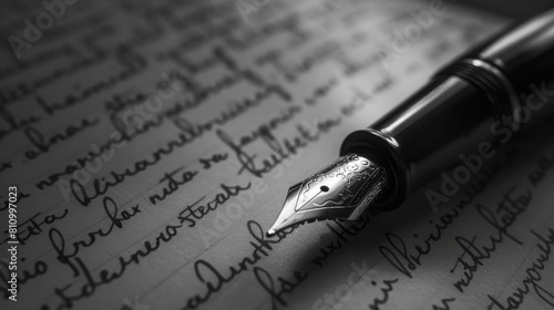 Monochrome Aesthetic: A black and white image of a fountain pen on a monochrome written page, emphasizing the contrast between light and dark tones for a minimalist yet striking visual. Generative AI