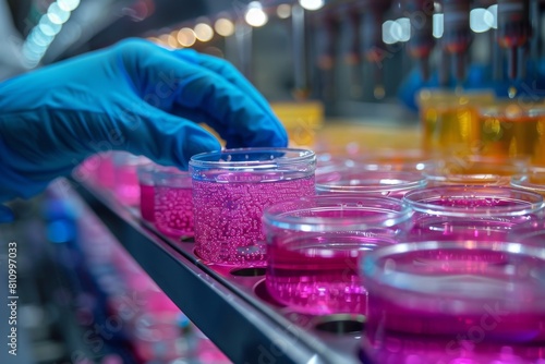 Gloved hand of a scientist holding a culture plate teeming with pink microbeads in a laboratory photo
