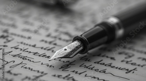 Monochrome Aesthetic: A black and white image of a fountain pen on a monochrome written page, emphasizing the contrast between light and dark tones for a minimalist yet striking visual. Generative AI photo