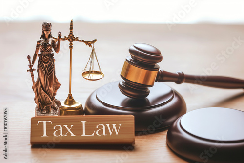 gavel and law book, Tax Law A gavel, symbolizing the authority of the legal system, sits alongside the iconic figure of Themis, the Greek goddess of justice, representing impartiality and fairness photo