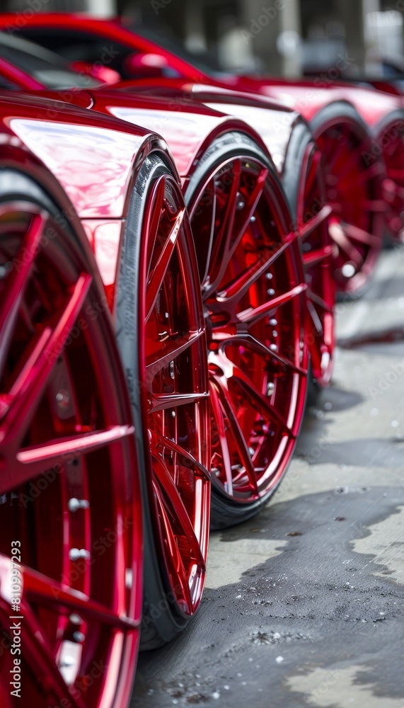 Detailed close ups of car wheels and rims highlighting intricate designs and shiny surfaces