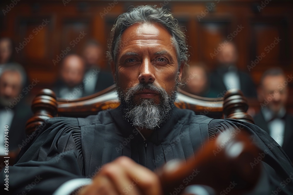 A serious, bearded male judge with a gavel, sitting confidently in front of blurred peers in a courtroom