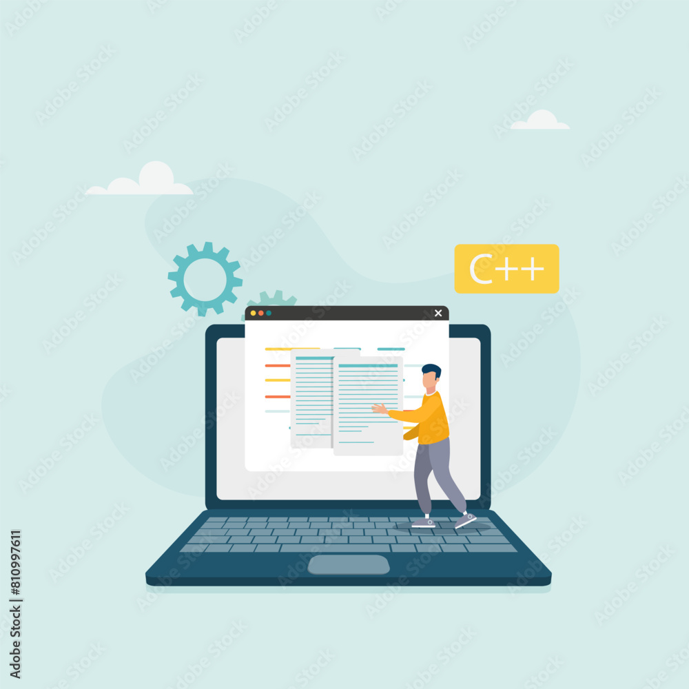 Software development concept. A man creates applications and programs, tests code, works in the IT industry. Vector illustration. Software development concept. A man creates applications and programs, tests code, works in the IT industry. Vector illustration.