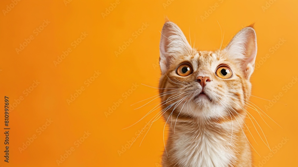 surprised cat on orange background with copy space. Generative Ai
