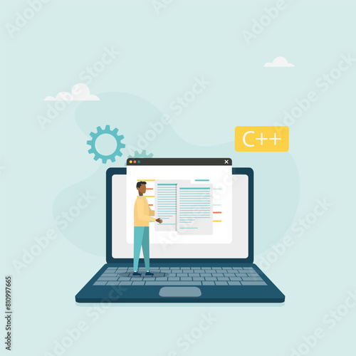 Software development concept. A man creates applications and programs, tests code, works in the IT industry. Vector illustration.