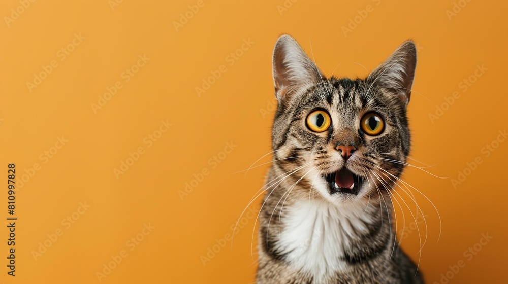 surprised cat on orange background with copy space. Generative Ai