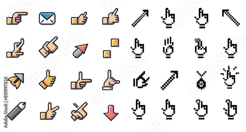 Icons for pointer cursors. Computer web arrows mouse cursors and clicking line pointer cursor selection. Icons for pixel hand