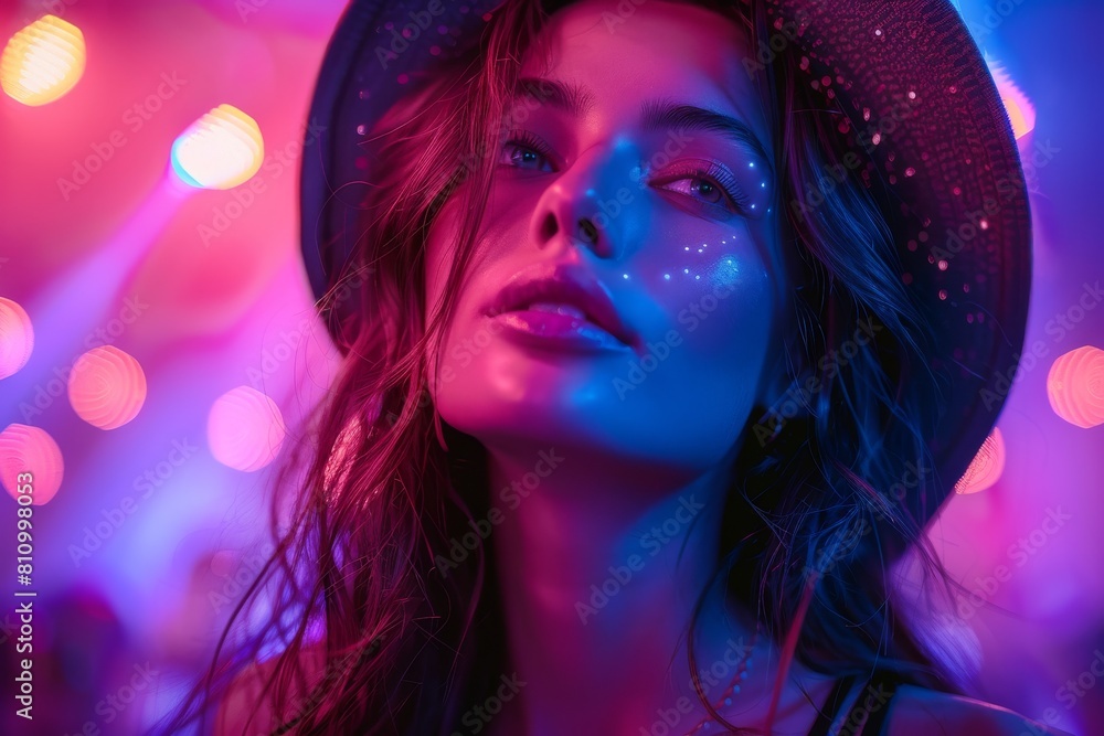 Close-up of a young woman with sparkling makeup under vibrant neon lights, exuding a party or festival vibe