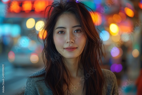 Portrait of an attractive young woman with blurry city lights in the background, highlighting her features