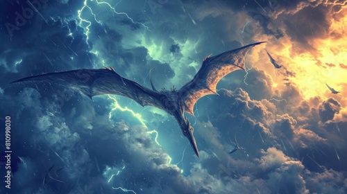 Flying dinosaur, Pterodactyl, flying in thunderstorm. Photorealistic. photo