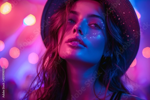Close-up of a young woman with sparkling makeup under vibrant neon lights, exuding a party or festival vibe