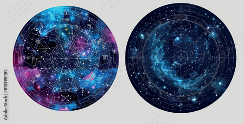An astrological constellation wheel, zodiac horoscope signs, a mystical natal chart and wheel sky zodiac map modern illustration.