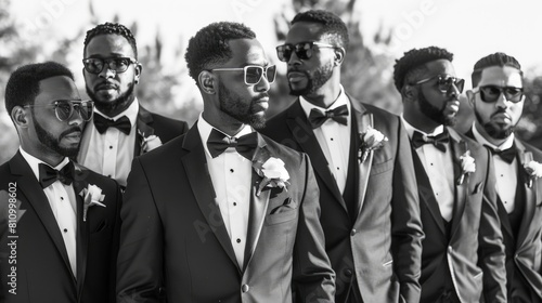 The groom and his groomsmen looking sharp and stylish strike a pose outdoors photo