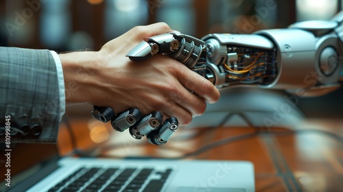 A human and a robotic hand engaging in a handshake above a laptop, symbolizing the integration of artificial intelligence with human efforts.
