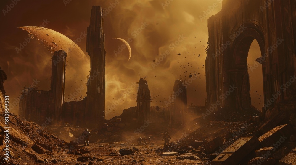 Survivors move through the debris of a war-torn cityscape, with two ...