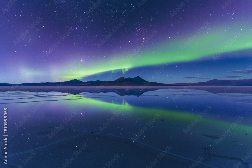 blue and green aurora shine in the night sky, reflections in calm water, Very twisty aurora fills the sky