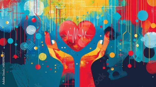 World Health Day banner, Abstract Healthcare Heart and Data Visuals for health equity and access to healthcare.