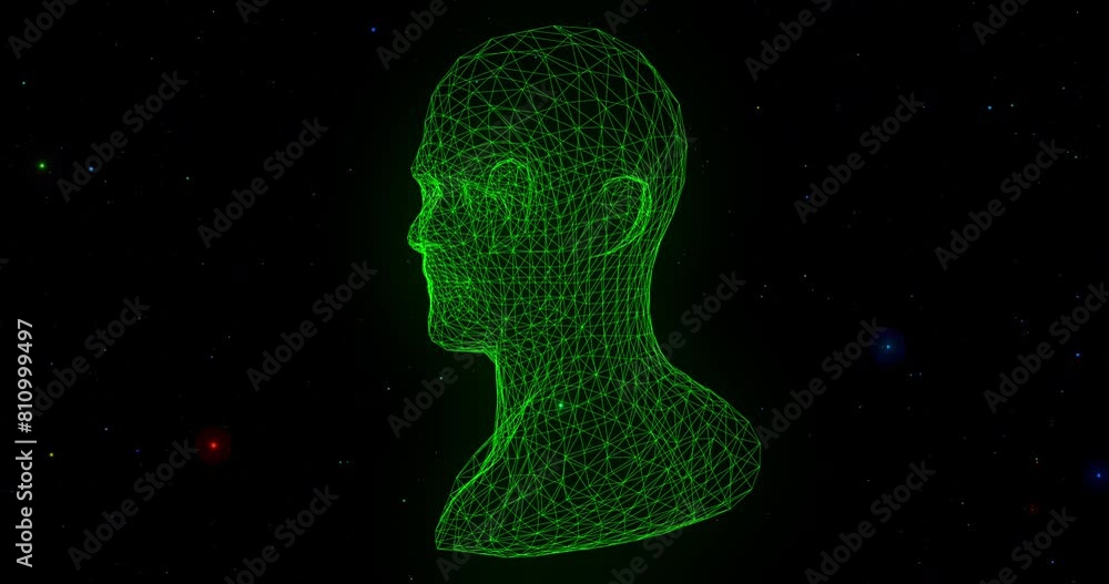 Model of a head frame rotating against a background of stars in space. Concept of self-knowledge, science, research. Model of a head frame rotating against a background of stars in space. Concept of self-knowledge, science, research.