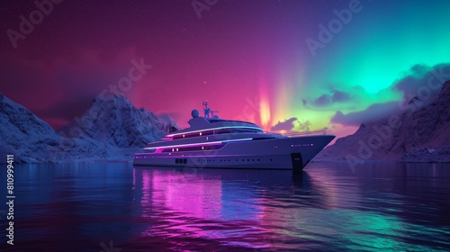 Cruise ship rest in sea water with snow mountain and beautiful aurora northern lights in night sky in winter.