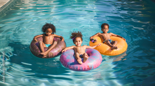 Three children float in swimming pool during summer time with colorful inflatable - Vacation and childhood concept - Models by AI generative