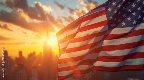 US national flag and New York City skyline at sunset.