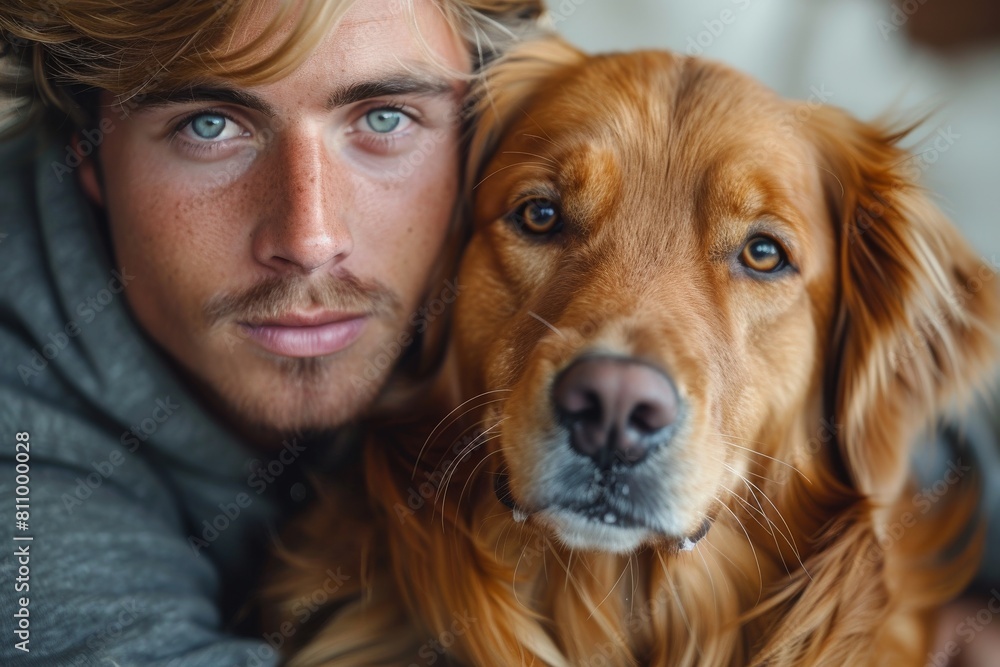 A young man affectionately posing close to his golden retriever, both looking towards the camera A young man affectionately posing close to his golden retriever, both looking towards the camera