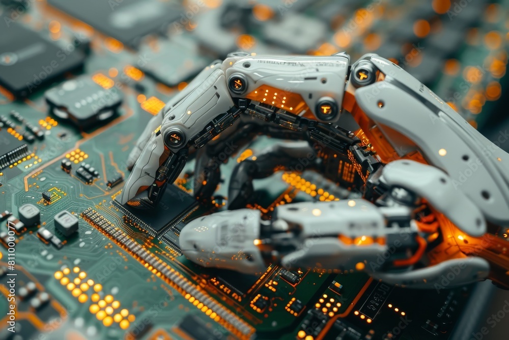 An intricate image showcasing a robotic arm with complex machinery conducting precise repairs or work on an electronic circuit board An intricate image showcasing a robotic arm with complex machinery conducting precise repairs or work on an electronic circuit board